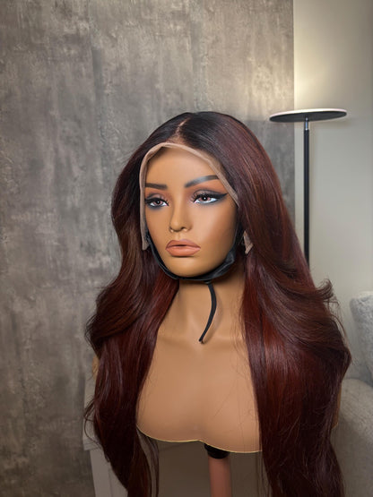 32” Heavy Layered Burgundy Wig with Dark Roots – Raw Indian Hair | 13x4 Swiss Lace front | Luxury Unit with Minor Flaws