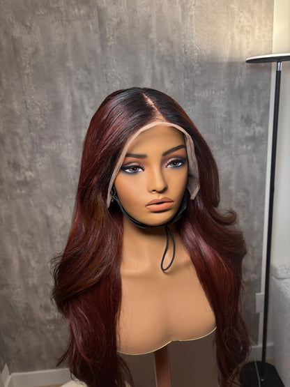 32” Heavy Layered Burgundy Wig with Dark Roots – Raw Indian Hair | 13x4 Swiss Lace front | Luxury Unit with Minor Flaws