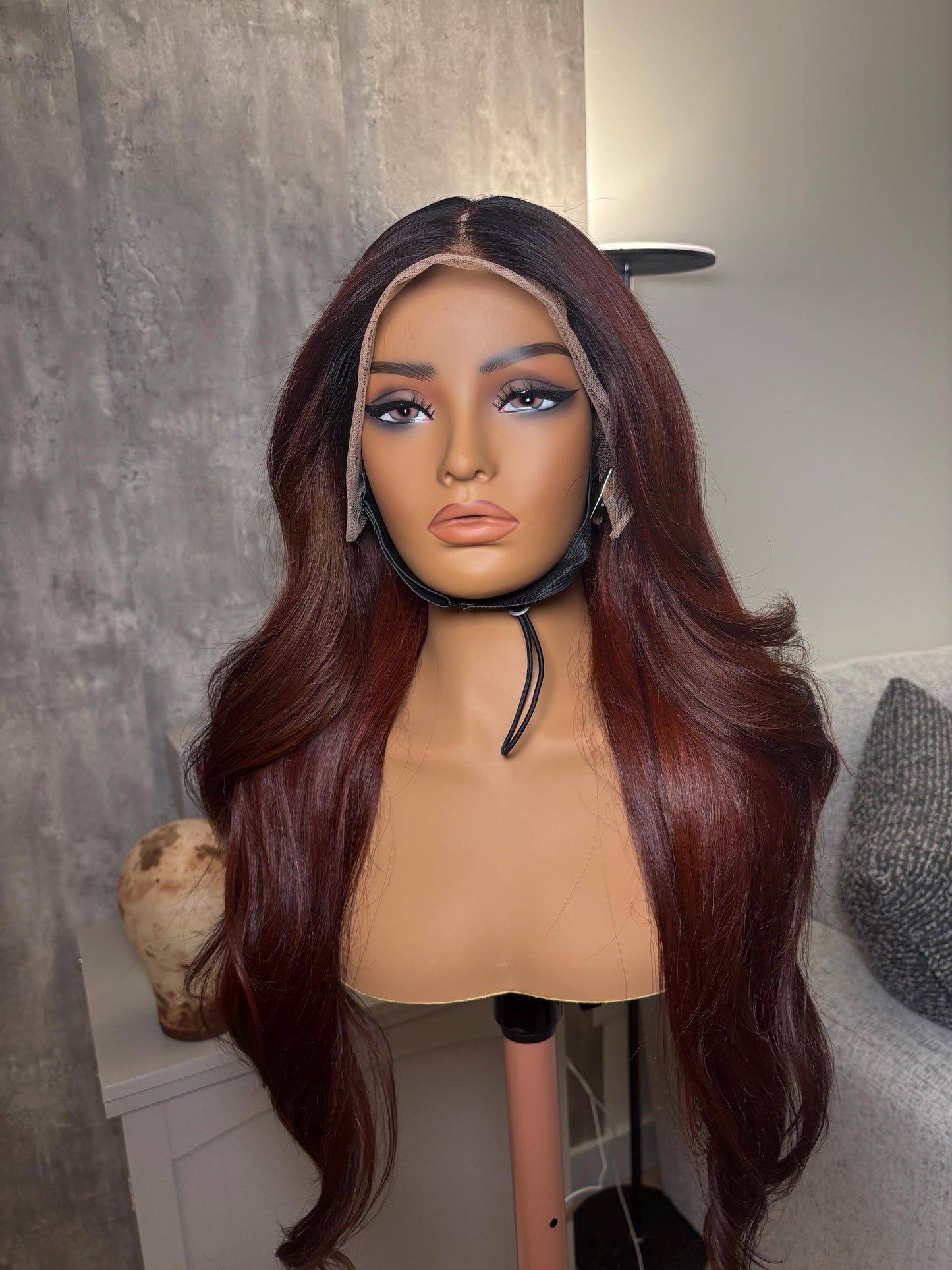 32” Heavy Layered Burgundy Wig with Dark Roots – Raw Indian Hair | 13x4 Swiss Lace front | Luxury Unit with Minor Flaws