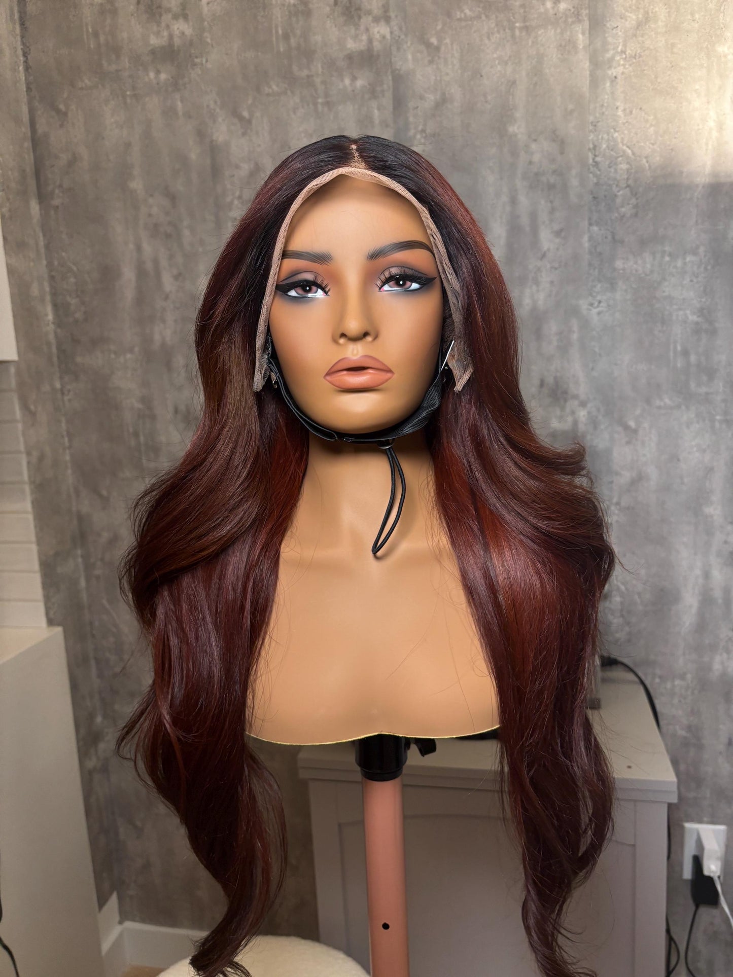 32” Heavy Layered Burgundy Wig with Dark Roots – Raw Indian Hair | 13x4 Swiss Lace front | Luxury Unit with Minor Flaws