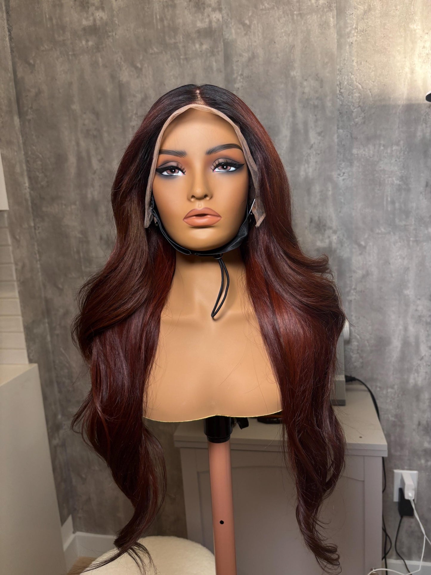 32” Heavy Layered Burgundy Wig with Dark Roots – Raw Indian Hair | 13x4 Swiss Lace front | Luxury Unit with Minor Flaws